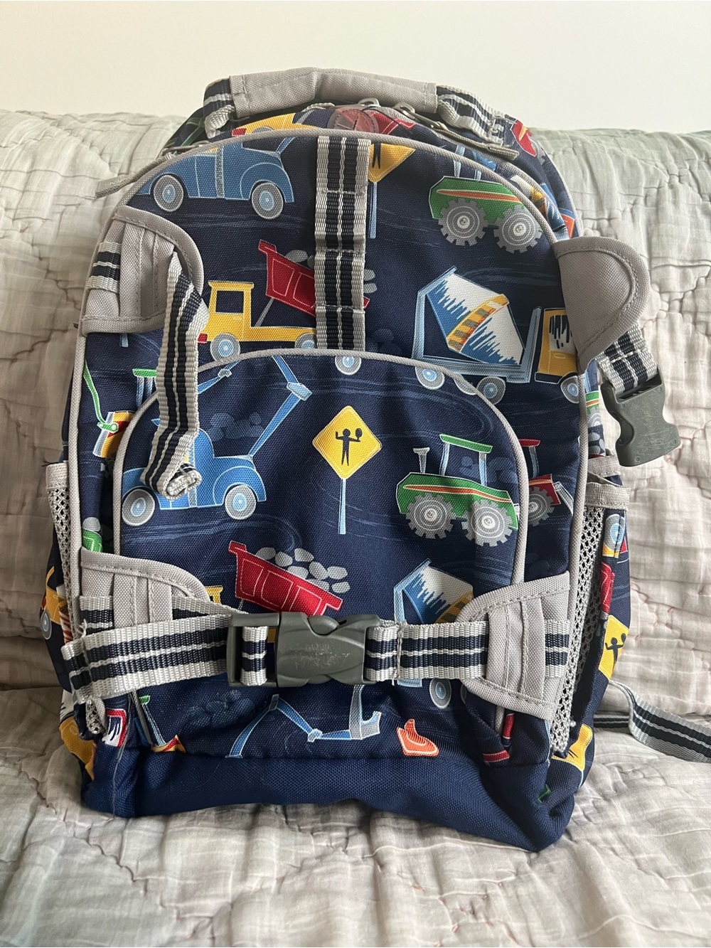 Pottery Barn Kids Navy Blue Construction Vehicles Backpack Kindergarten to 2nd g